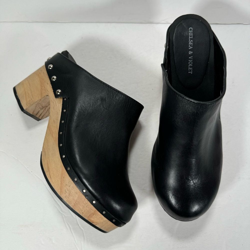 Chelsea & Violet Jana Black Leather Studded Wood Clogs Women Size 8.5M